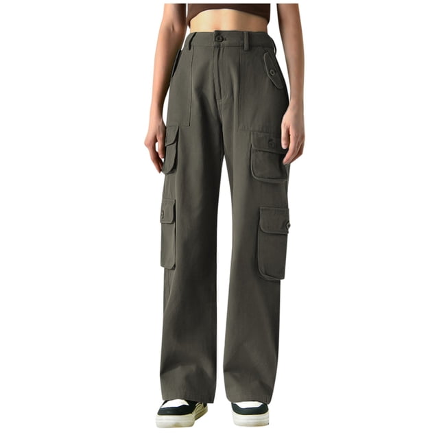 Ladies Pants Parachute Pants Drawstring Low Waisted Baggy Cargo Pants with Pockets Linen Pants Women Grey L