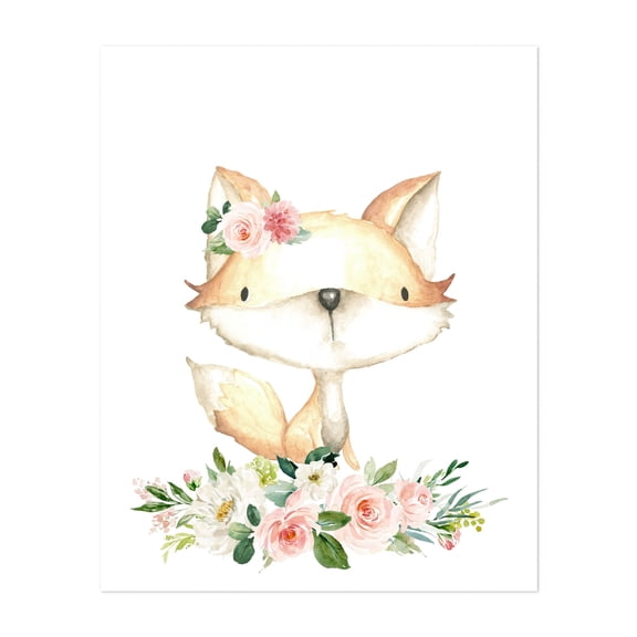Baby Fox, Forest Animals, Woodland Animals, Boho, Pink Flowers, Girl Nursery - Illustration Fox Watercolor Floral Whimsical Animal Woodland Unframed Wall Art Print 6 x 8 inches