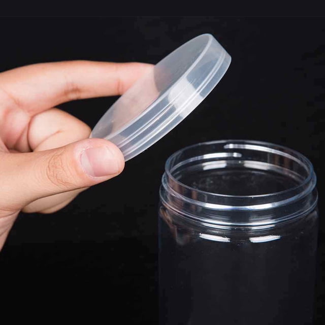Envase de botella de plástico para mascotas, frasco sellado, tapa transparente de grado alimenticio, cubo de almacenamiento redondo de boca ancha