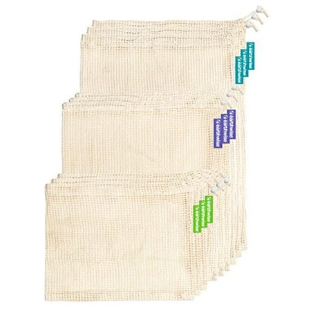 Earthwise Reusable Mesh Produce Bags in 100% Cotton Biodegradable & MAchien Washable Tare Weight Listed on Every Bag (Set of