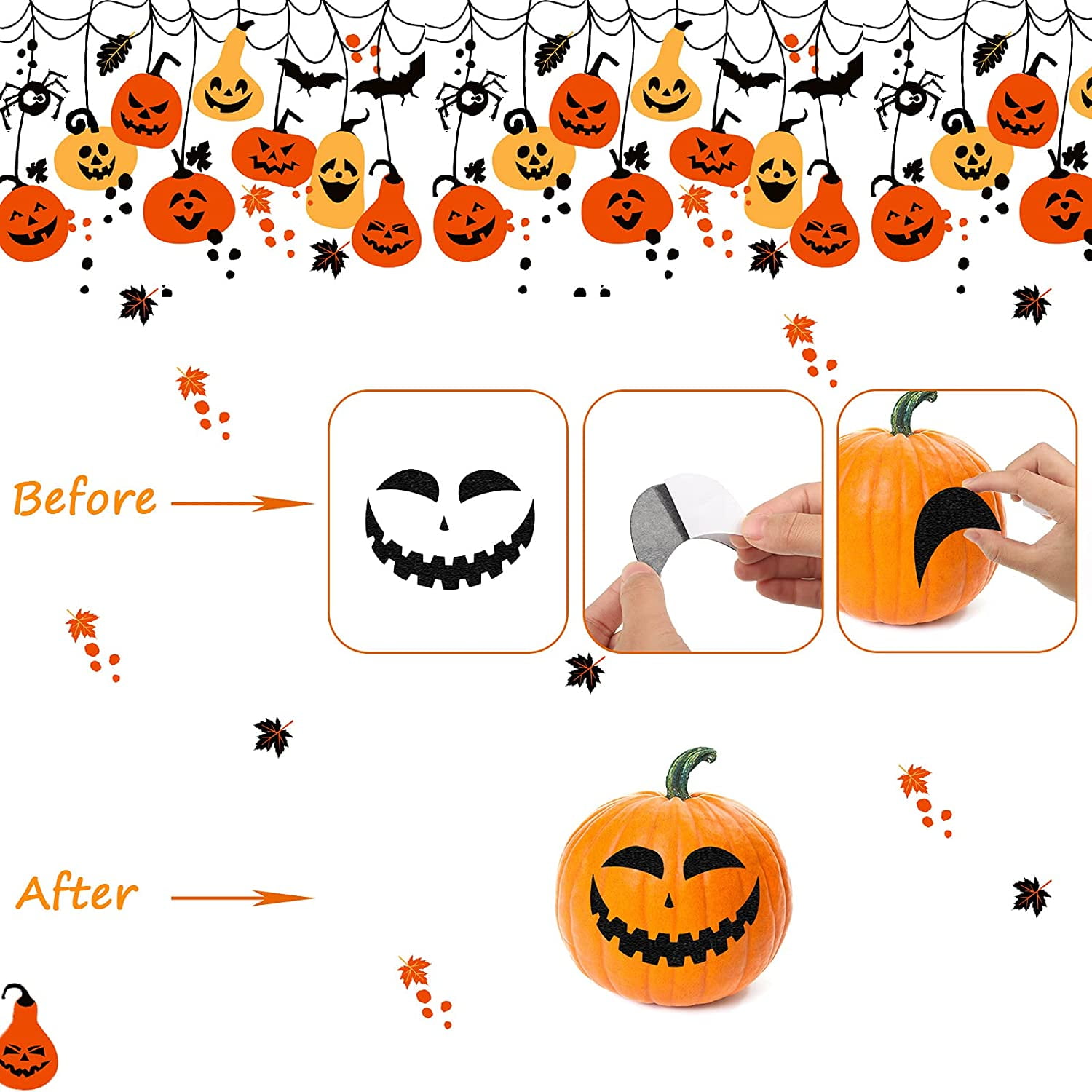 Pile De Citrouilles Pour Halloween. Trois Citrouilles Avec Visage. Main