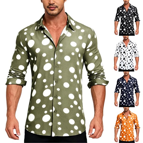 Men's Polka Dots Shirts Long Sleeve Slim Fit Printed Dress Button Down Shirt Big and Tall Size S-3XL White