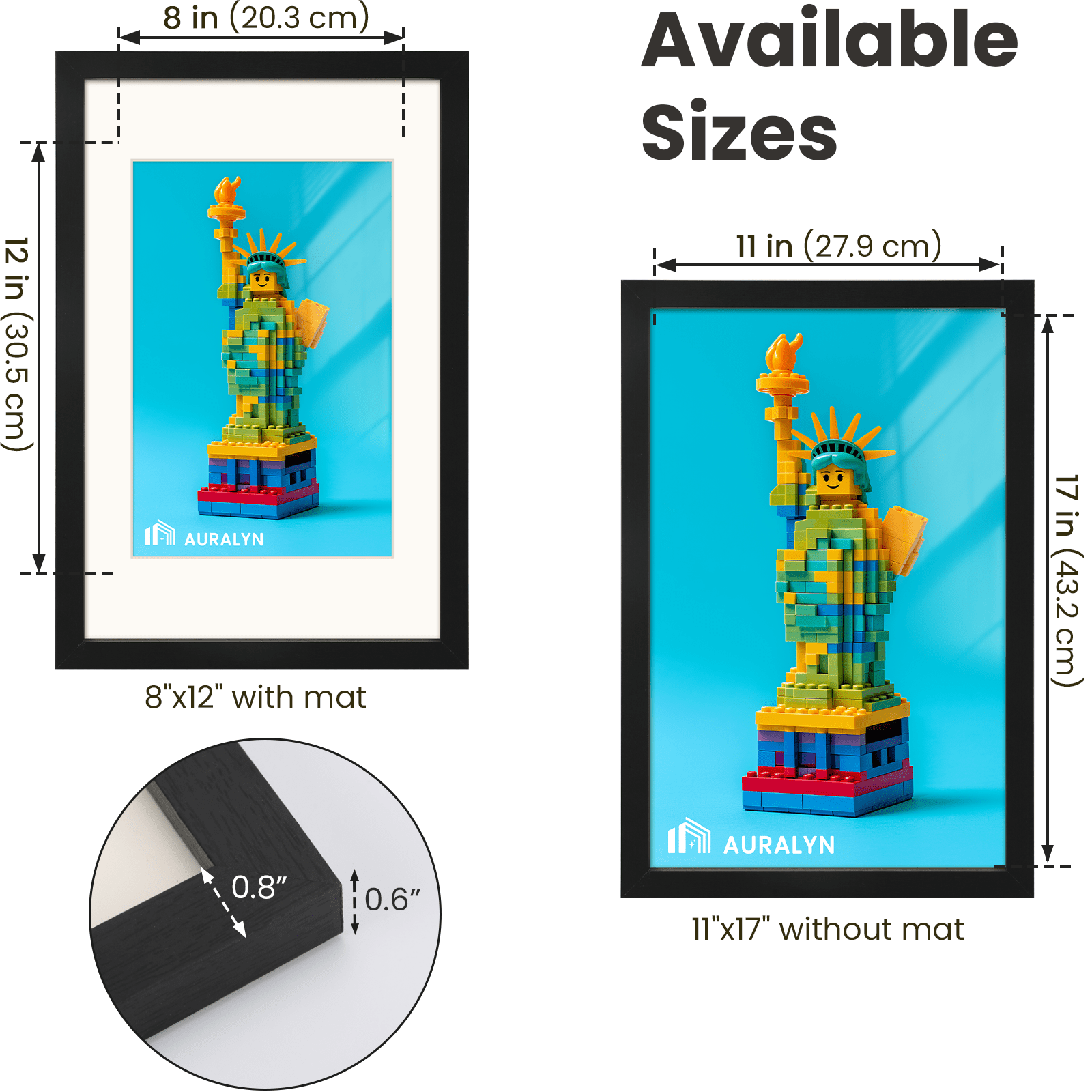 AURALYN 11x17 Picture Frames Set of 3 – Fits 8x12 with Mat or 11x17 Without Mat – Easy to Hang, Finger-Friendly, Includes Hanging Kit (Black Wood Grain, 3 Pack)