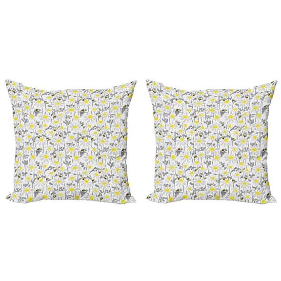 Ambesonne Yellow Throw Pillow Cover 2 Pack, Bees Chamomile Meadow, 16", Grey Yellow White