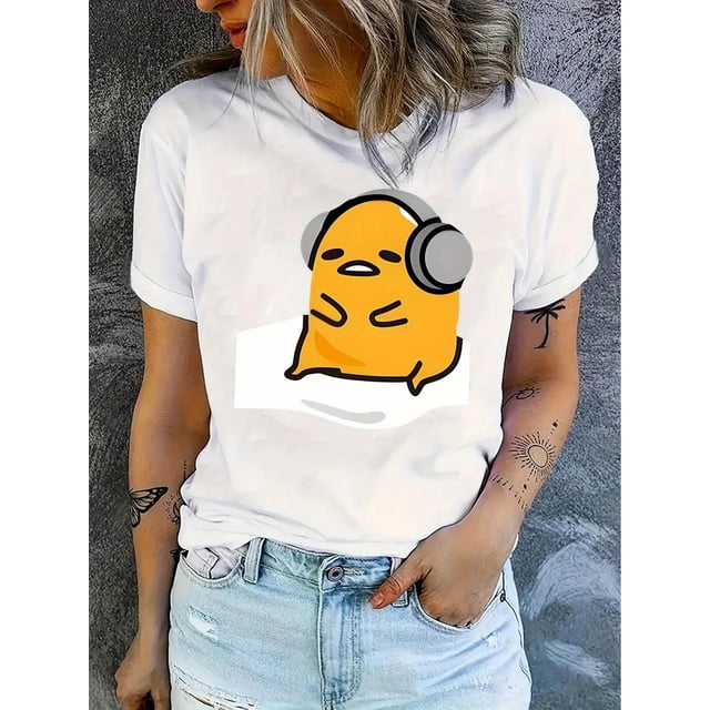 Camiseta con estampado de yema de huevo para mujer - Camiseta informal de manga corta de algodón suave, negra con diseño de yema de huevo amarilla durmiendo, ligera y cómoda para uso informal y de oc