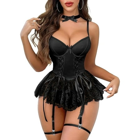 Women Sexy Lingerie Set Naughty Lace Up Corset Bodysuit Underwire Lingerie Babydoll With Garter Belt and Bow Tie
