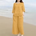 thumbnail image 2 of GILIGEGE Two Piece Sets for Women Summer Cotton Linen Set for Women 2 Piece Casual Outfits Short Sleeve Notched Neck Tops and Wide Leg Pants Sets Yellow 5Xl, 2 of 5