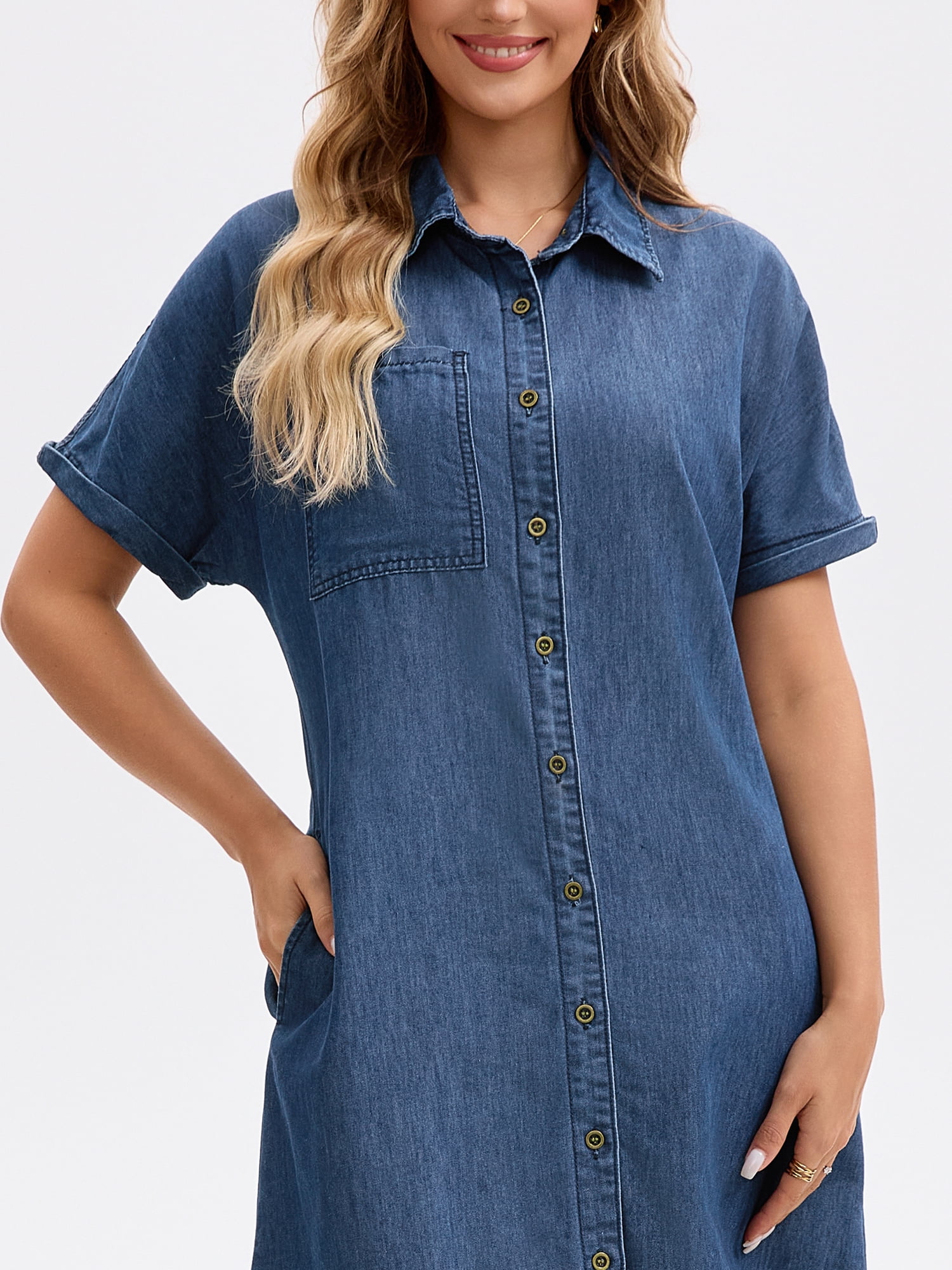 DARING DIVA Midi Denim Short Sleeve Button Down Tunic Jean Dress XL Navy Blue