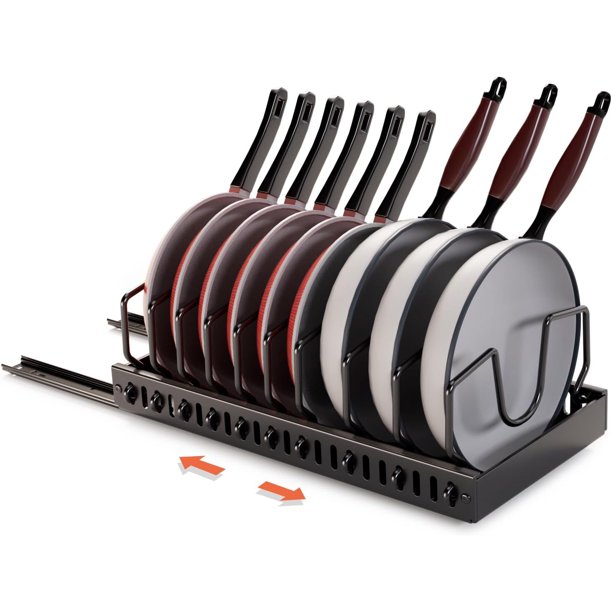 Organizador de Ollas y Sartenes, Extensible Organizador Tapas Ollas con 10 Compartimentos Ajustable, Soporte Tapas Ollas y Sartenes para Cocina, Almacenar Tapas de Ollas, Platos, Negro