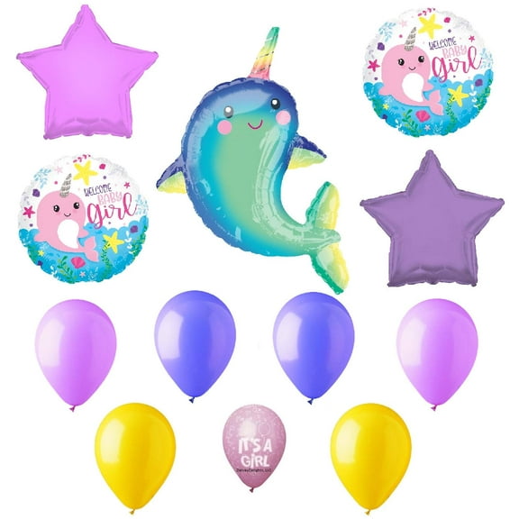 DalvayDelights It's a Baby Welcome Girl Narwhal Shower Beach Pink 12 Piece Party Mylar & Latex Balloons Set