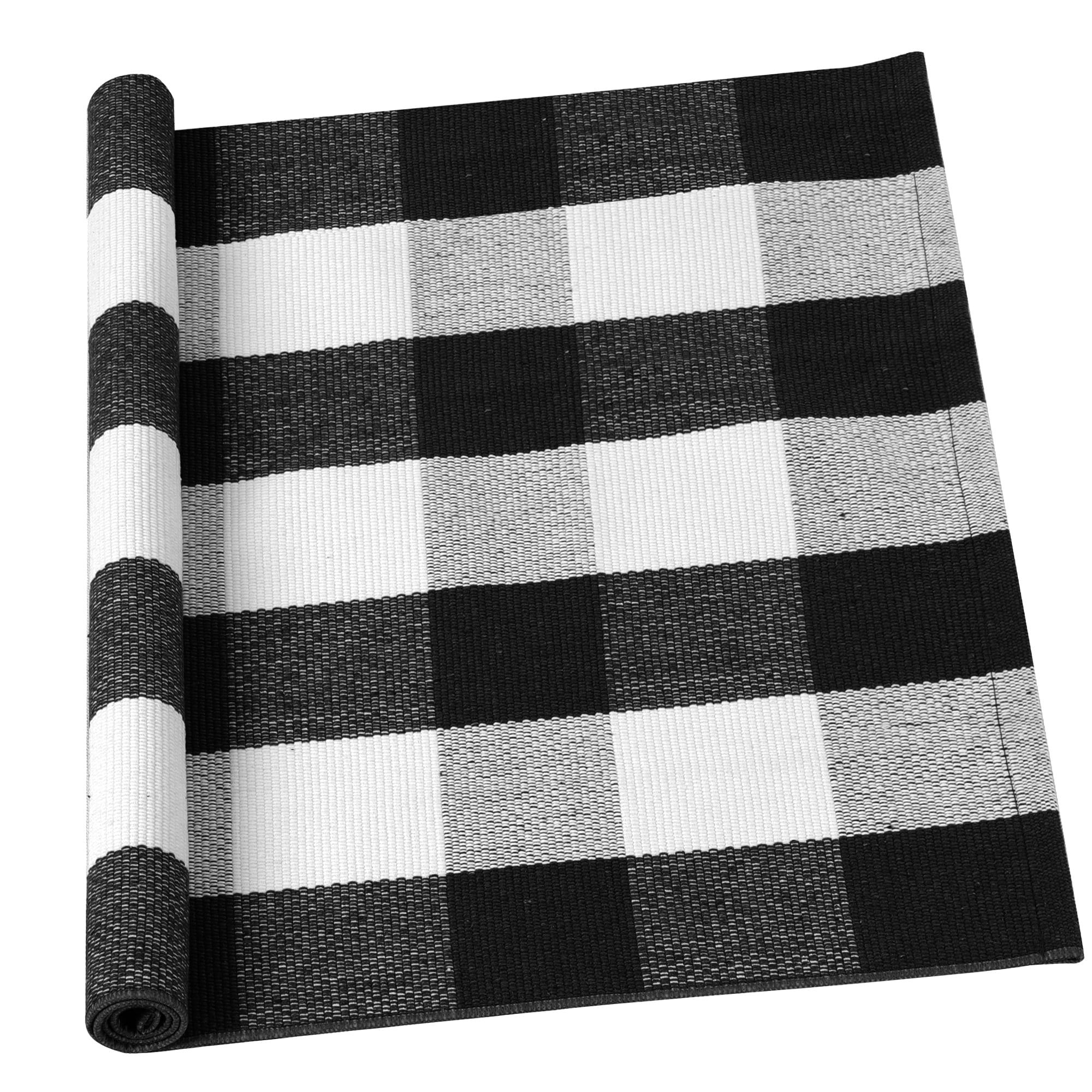 Unique Bargains Cotton Woven Checkered Area Floor Rug Carpet Mat Black