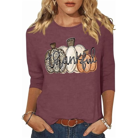 Women's 3/4 Sleeve Fall Halloween Shirt Pumpkin Witch Ghost Thankful Turkey Skeleton Graphic Tee Autumn Thanksgiving Tops Small