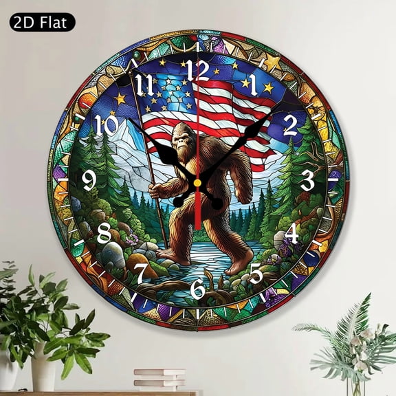 Bigfoot Sasquatch Patriotic Flag Round Wall Clock MDF Wood Home Wall Decor Art for Living Room Bedroom Office Unique Gift