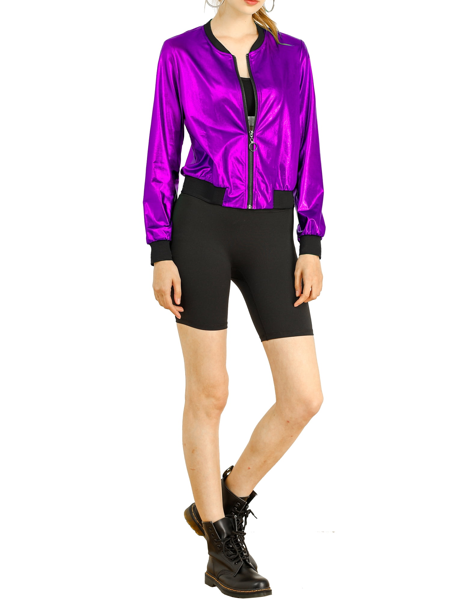 INSPIRE CHIC Women's Casual Stand Collar Metallic Zip Crop