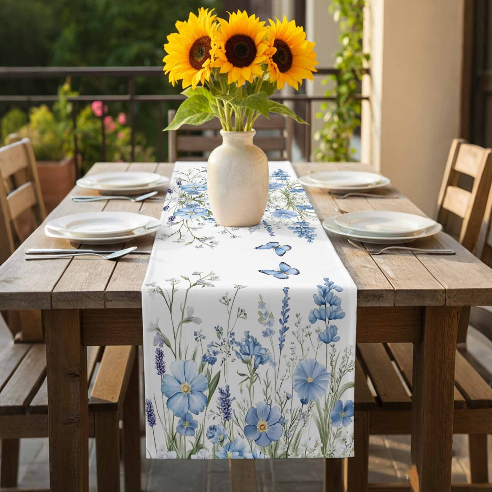 Floral Table Runner 13x120 inch Spring Blue Wildflowers Butterfly Botanical Scenery Cotton Linen Dining Table Runner Ideal for Dresser Kitchen Coffee Tables - Machine Washable