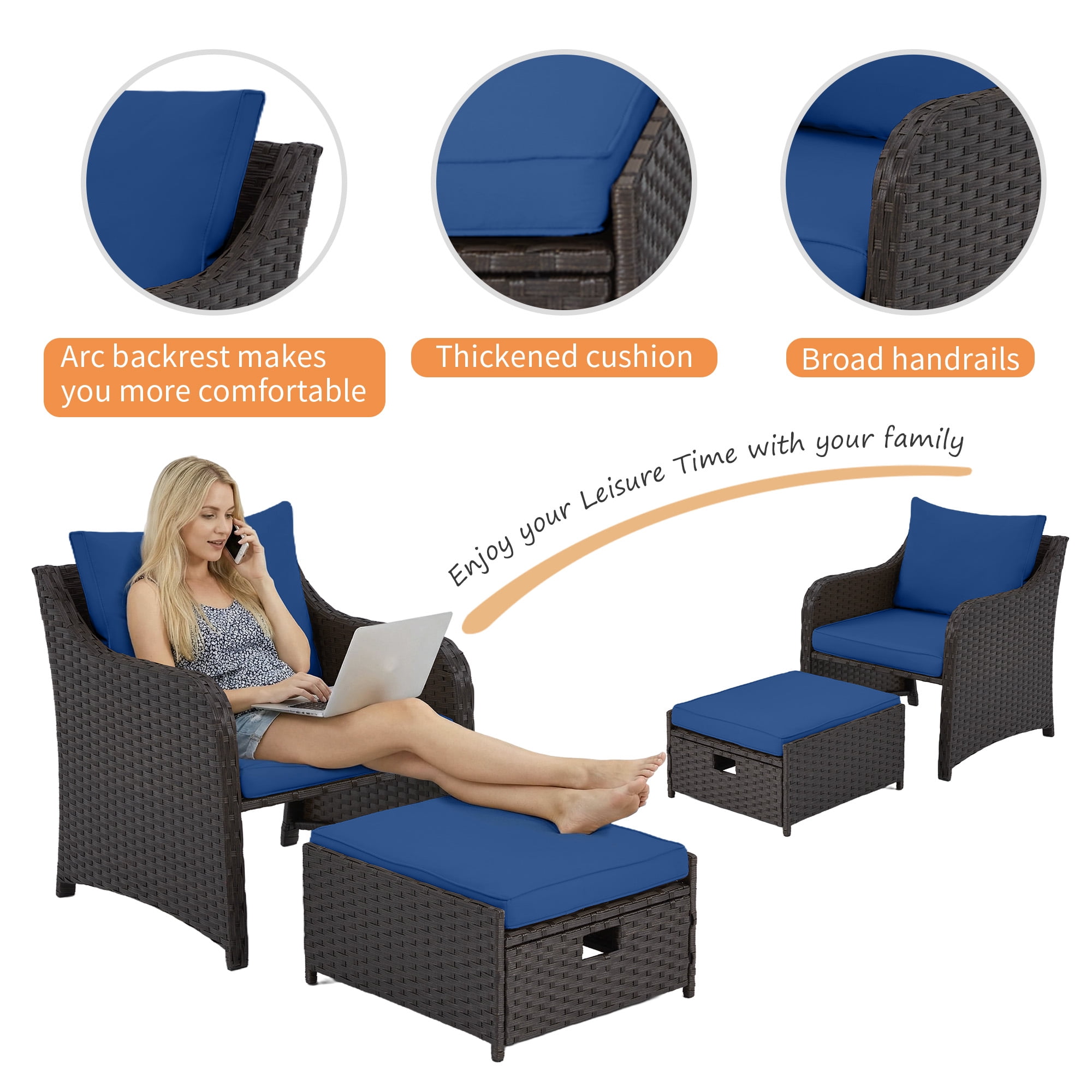 HOMREST 5 Piece Balcony Furniture, All Weather PE Wicker Rattan Patio Furniture Set, Cushioned Patio Chairs Set of 2 w/Ottoman&Table, Outdoor Lounge Chair for Lawn Pool Balcony, Navy Blue