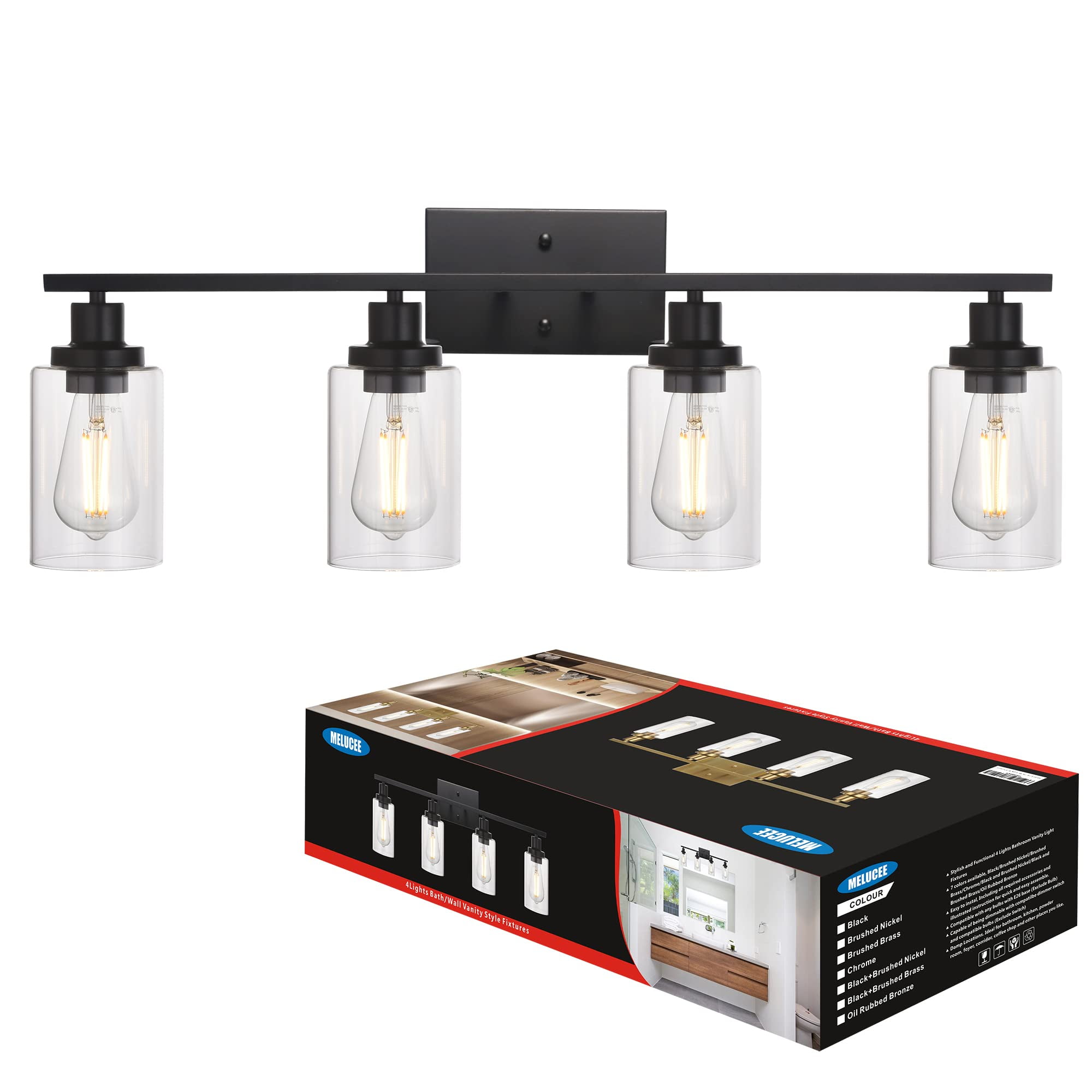 4 Lights Sconces Wall Lighting Black with Clear Glass Shade, Industrial