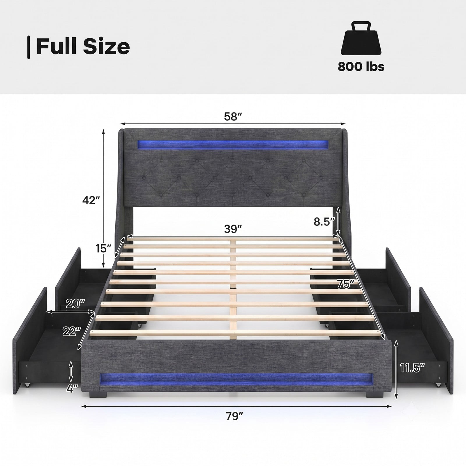 Furnibear Full Size Bed Frame Upholstered Platform Bed with LED Lights, Wingback Headboard and 4 Storage Drawers, USB Charging, Gray