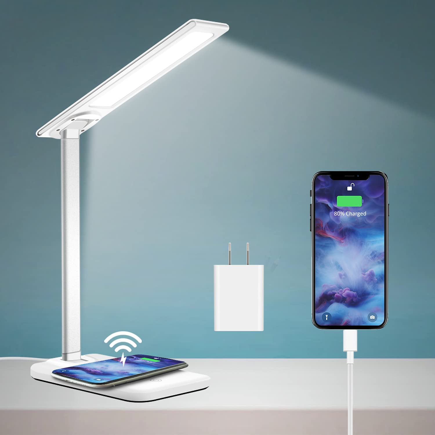 for Home Office Stepless Dimming Eye-Caring Lamp with Adapter College Dorm Room Wireless Charger 3 Brightness Level LED Desk Lamp with USB Charging Port Touch Control Dorm Room Essentials 
