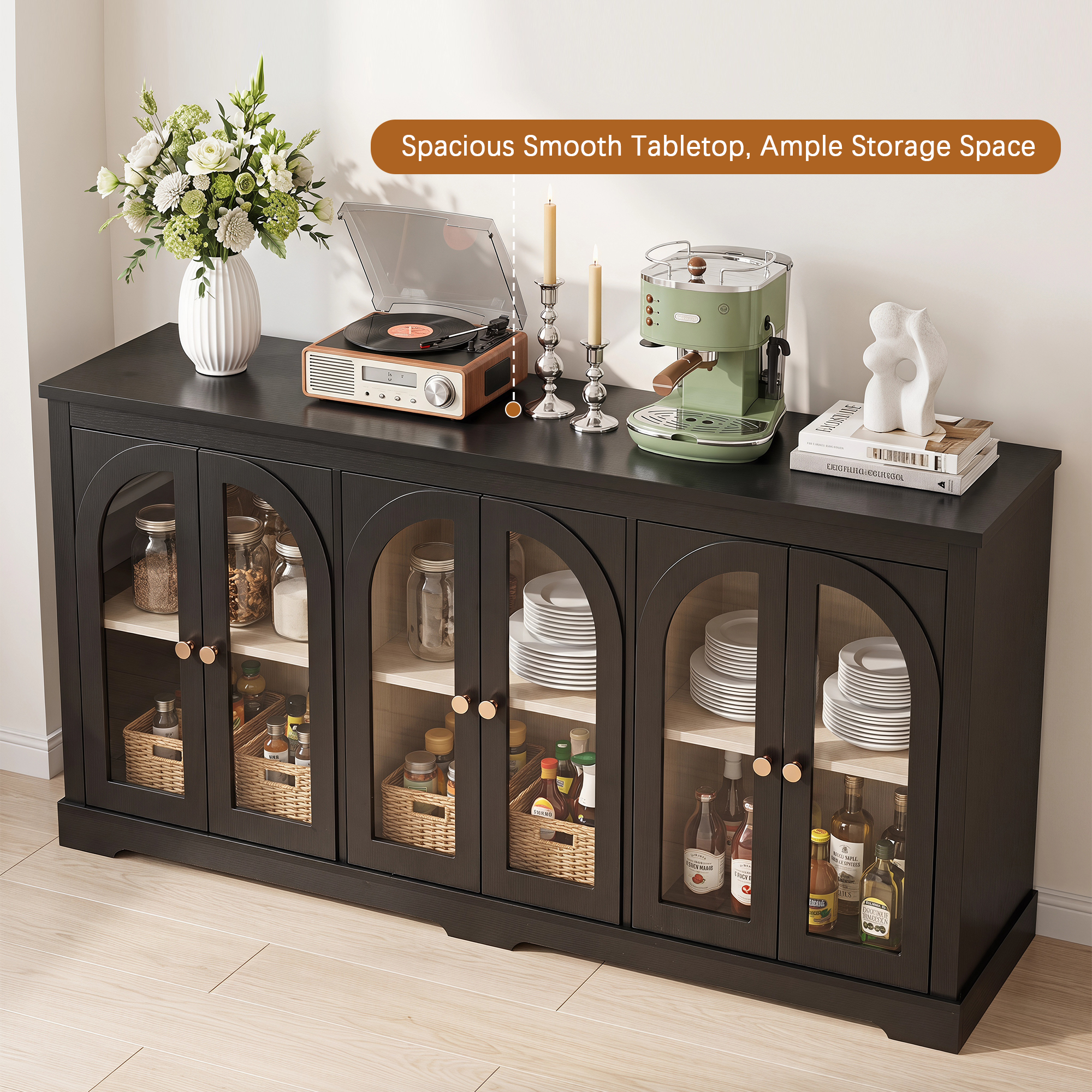 HOQBN 68" Modern Arched Glass Sideboard with 6 Doors, Buffet Cabinet with Storage and Adjustable Shelves, Large Credenza for Living Room,Kitchen,Entryway,Black