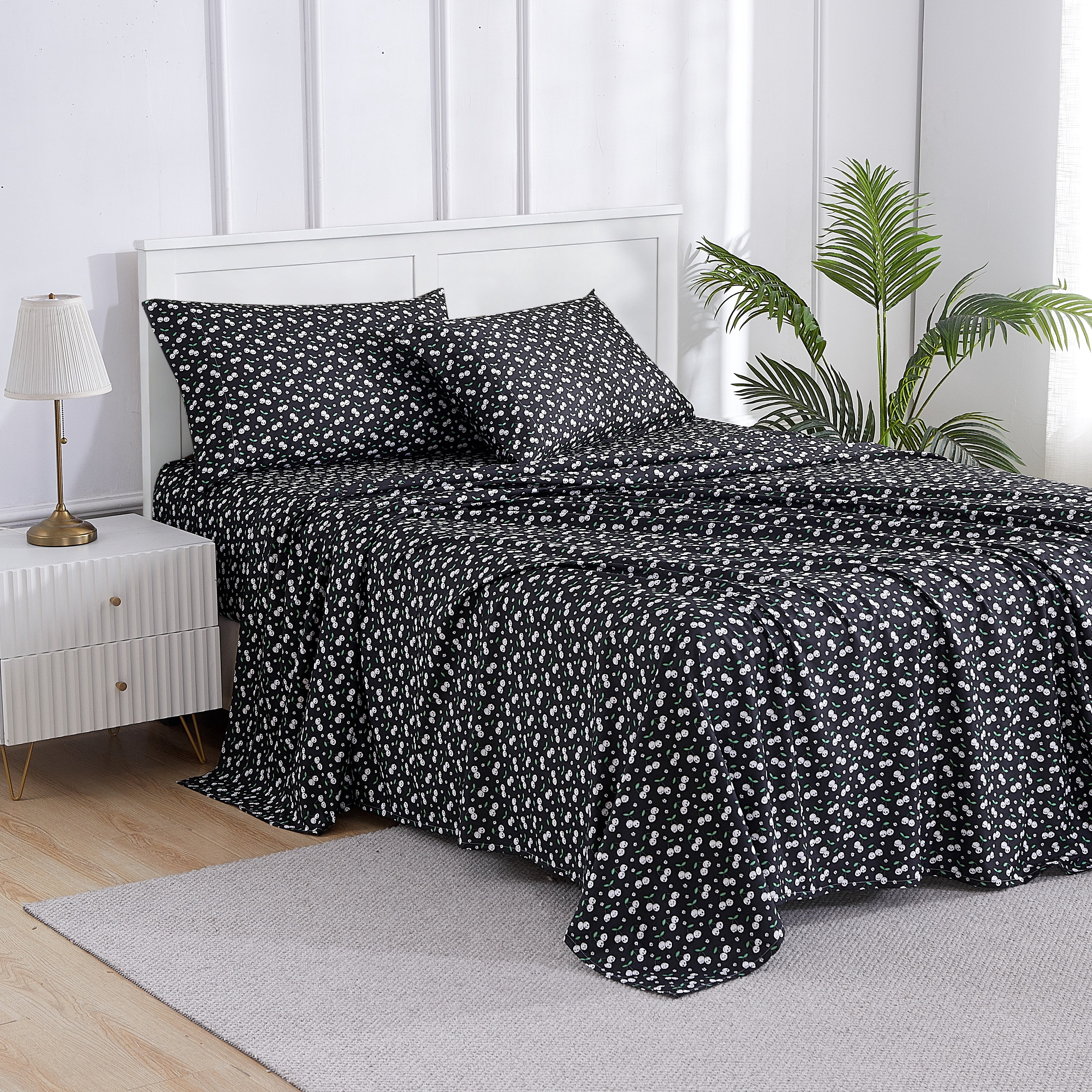 Summerween Soft Microfiber Sheet Set, Black & White Skull Cherries, King