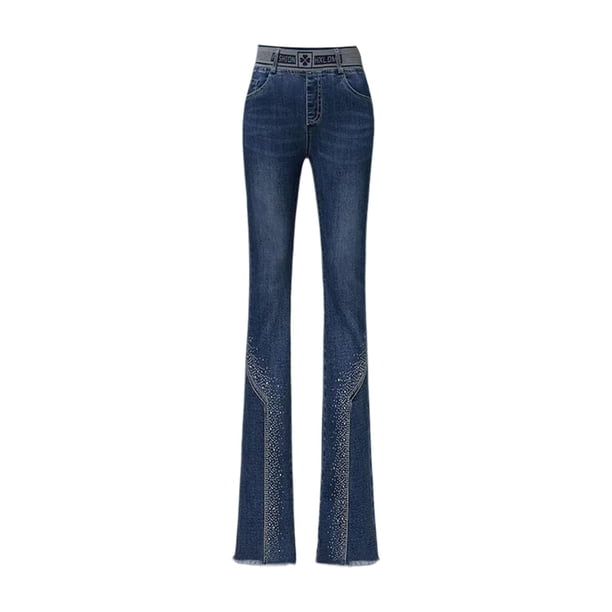 Pantalones vaqueros casuales para mujer, largos, estilo urbano, cintura alta, cómodos azul oscuro
