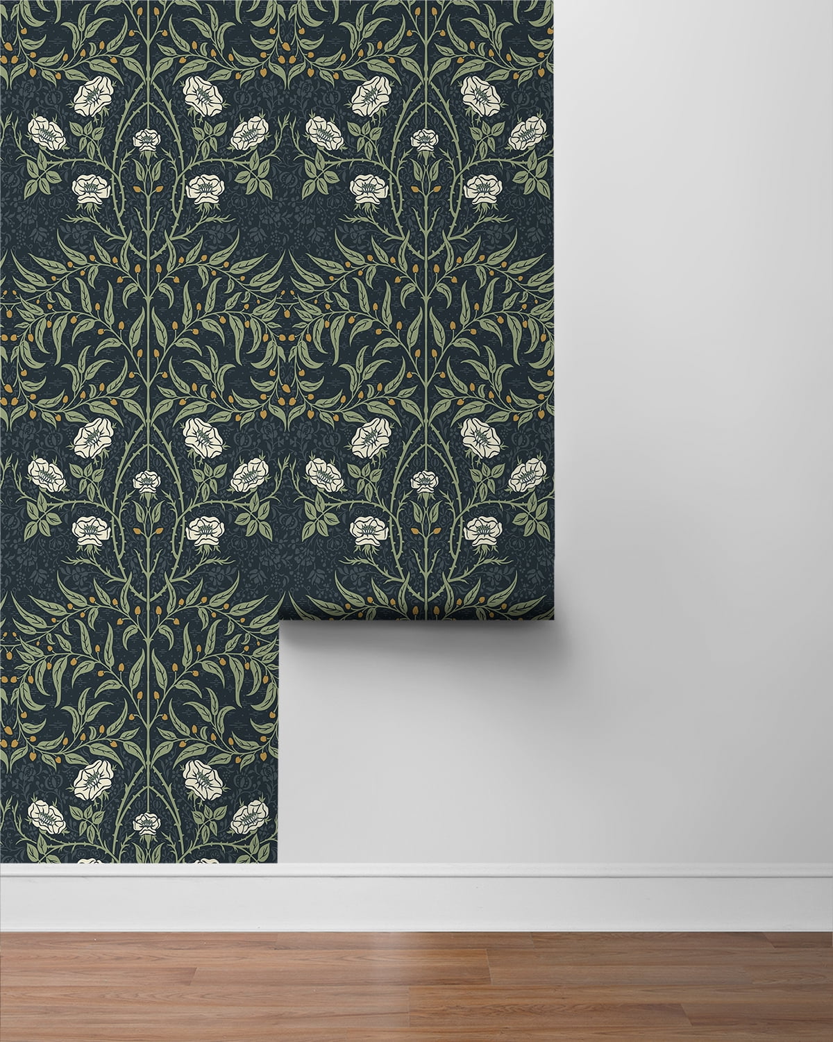 NextWall  Stenciled Floral Peel and Stick Wallpaper Navy & Sage