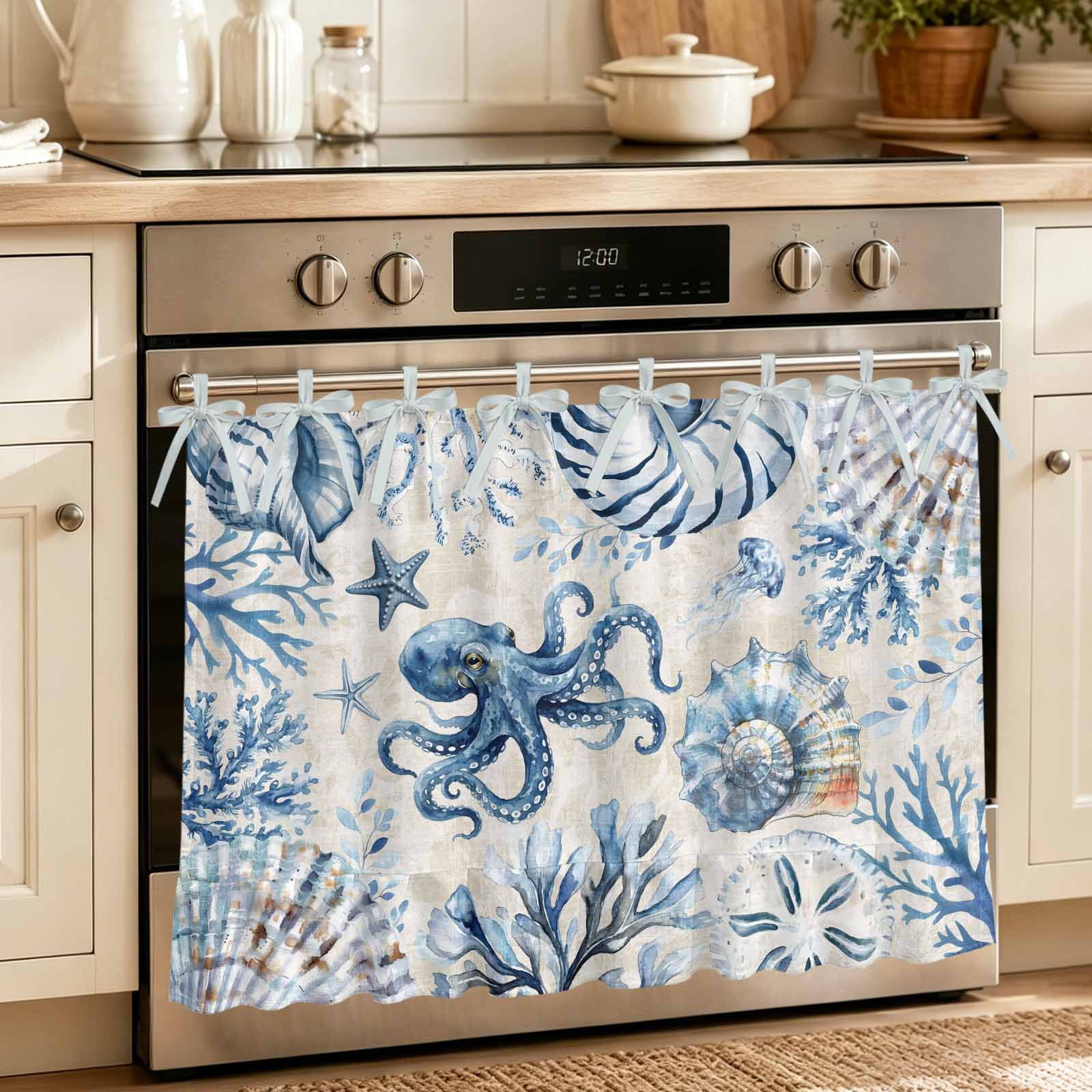 Oven Skirt Curtain for Kitchen 21.5x30 Inch Blue Octopus Coastal Oven Curtain with 8 Ribbon Ties & Ruffle Trim Stove Skirt Curtain Dishwasher for Cabinets Summer Beach Coral Conch Shell Ocean Beige