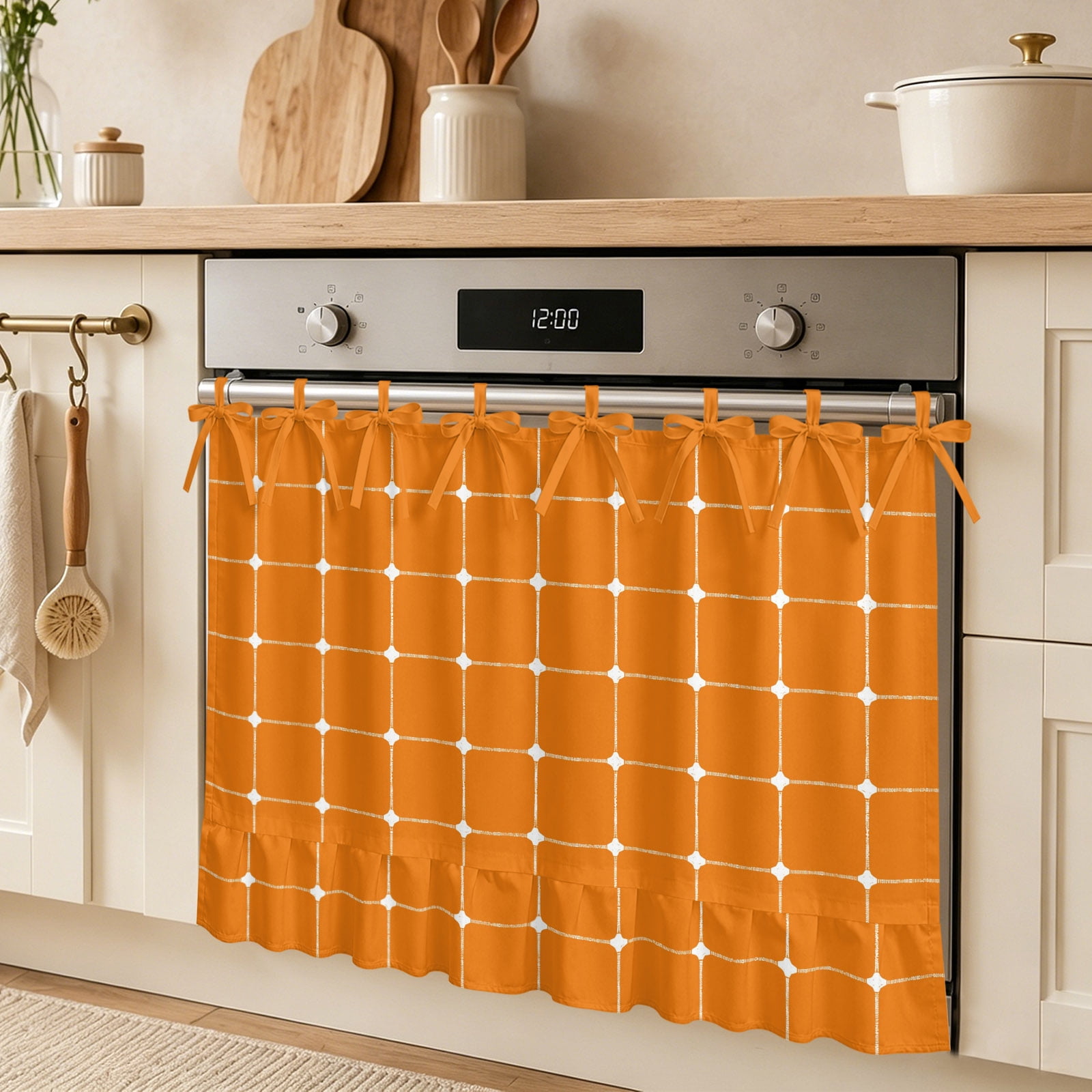 Orange Checkered Oven Skirt Curtain Modern Minimalist Geometric Grid Lines Plaid Tie Top Tier Curtains Stove Dishwasher Skirt Small Window Drapes for Kitchen Bathroom Cafe 32 x24
