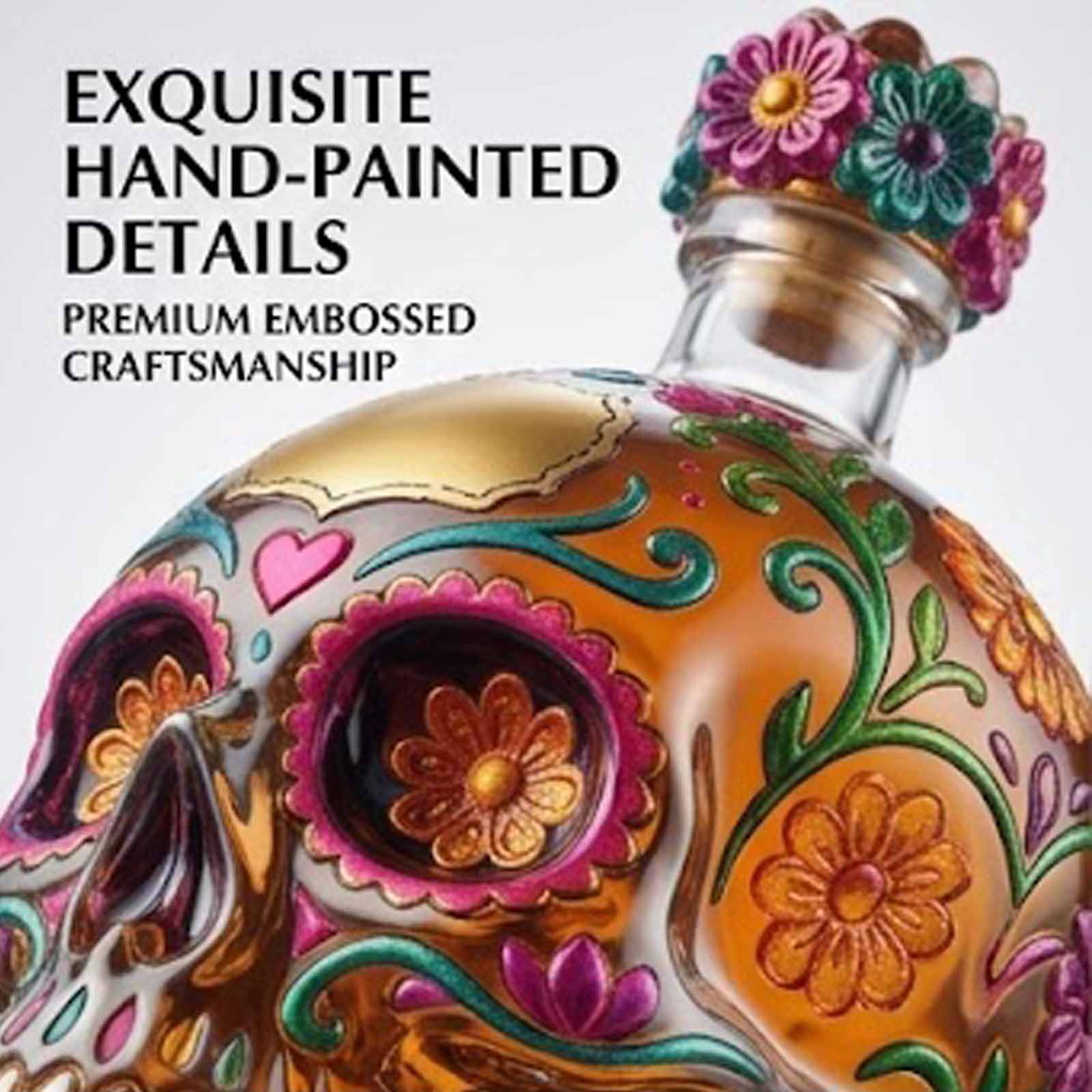 Day Of The Dead Tequila Bottle, Painted Glass Skull Decanter – Gothic Skull Tequila Decanter For Bar, Halloween, Dia De Los Muertos, Perfect For Collectors & Tequila Lovers