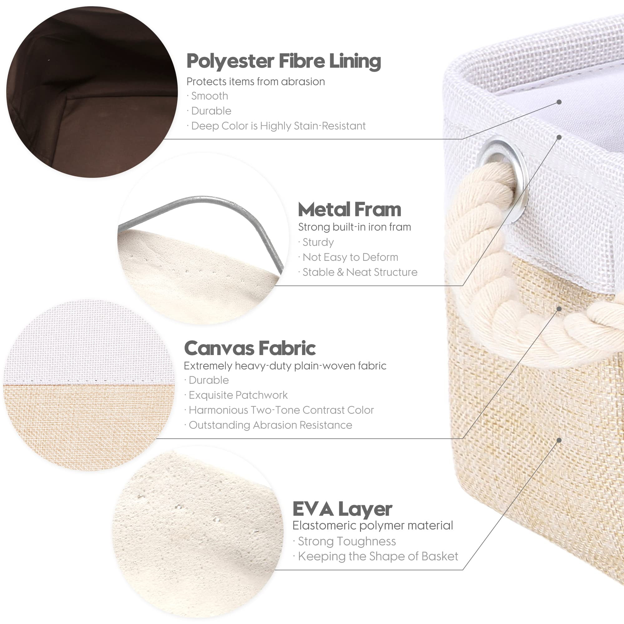 Sea Team 3-Pack Small Storage Basket Set, Storage Cube Organizer, Storage Bins, 12 x 8 x 5 Inches, Rectangle Canvas Fabric Collapsible Shelf Box with Handles, Beige & White