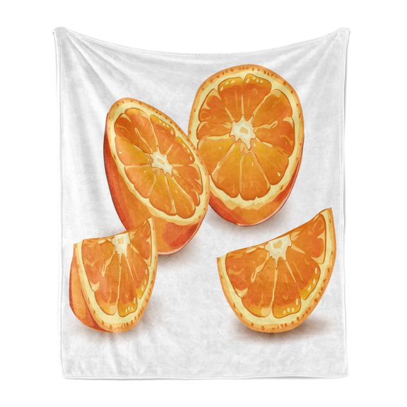Nature Soft Flannel Fleece Blanket, Fresh Nature Health Citrus Orange Mediterranean Energetic Fruit Artwork Print, Cozy Plush for Indoor and Outdoor Use, 50" x 70", Orange and White, by Ambesonne