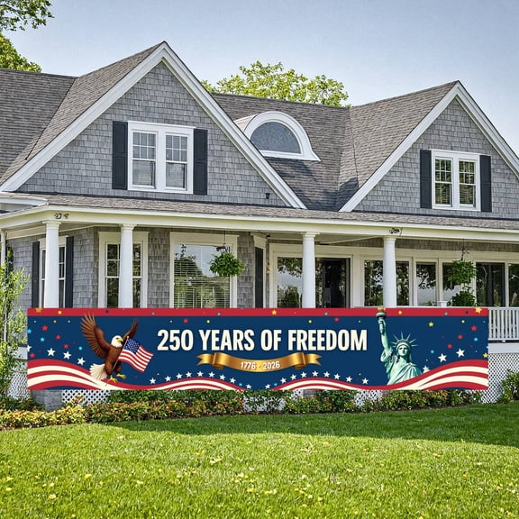 Red White Blue Style 250 Years of Freedom Banner Bald Eagle  USA Anniversary Backdrop Gold Ribbon Detail Star Pattern Patriotic Event Display for Patriotic Gatherings 250th Anniversary Celebrations