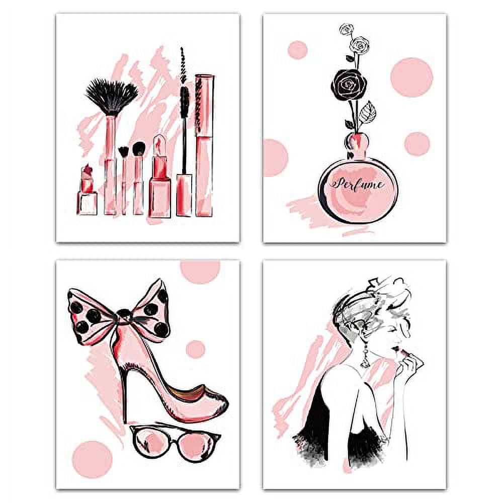 4pcs Fashion Women Canvas Wall Art Print Poster Set Unframed Wall Pictures Paintings Perfume Makeup Modern Artwork Decor for Dressing Room Bedroom Bathroom Home Girls Gift 8 x 10inch Pink