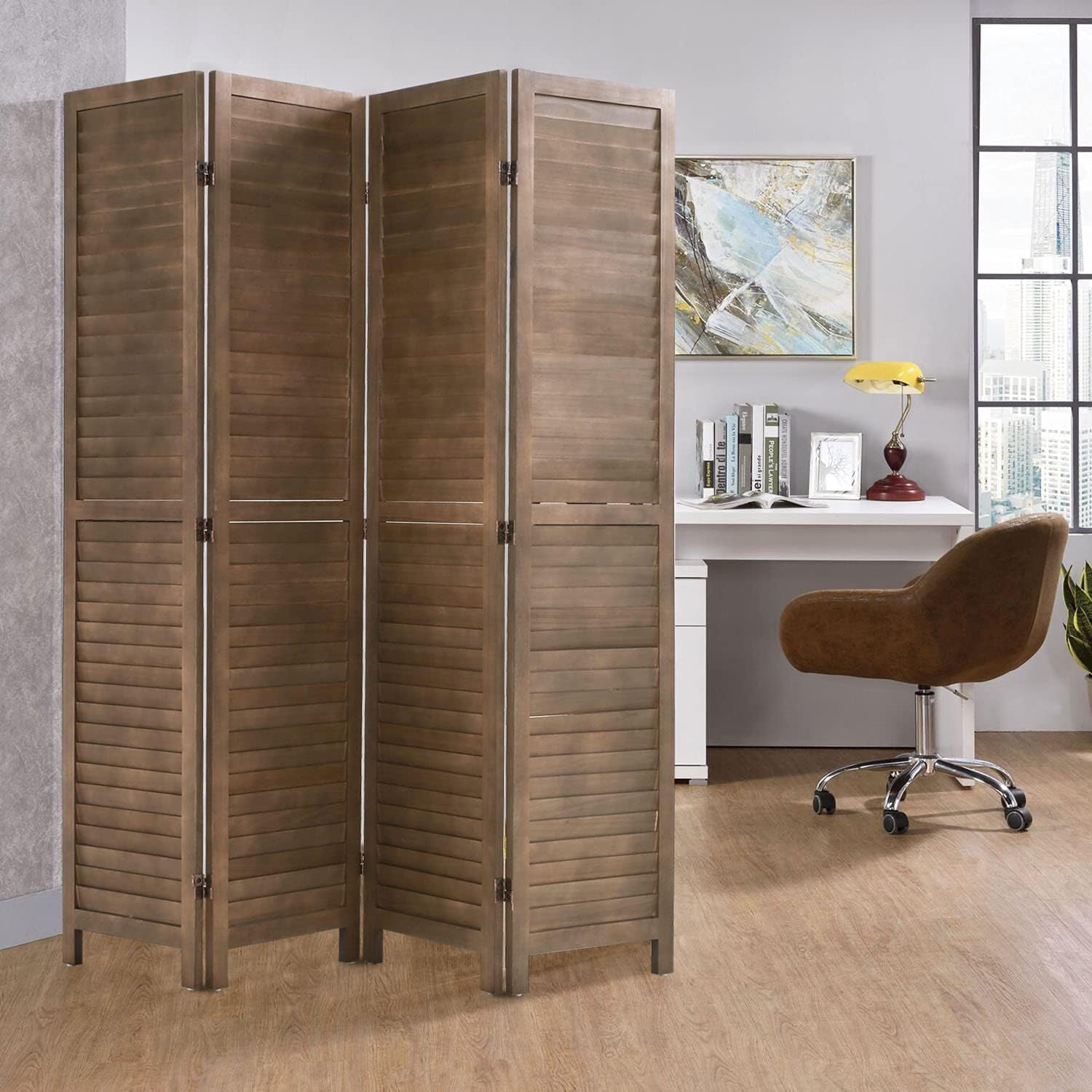 Dkelincs 4 Panel Wood Room Divider 68.9" x 15.7" Folding Privacy Screen Wall Divider for Home Office Bedroom, Brown