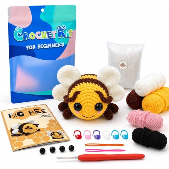 Bee Crochet Kit for Beginners, Amigurumi Crochet Starter Kit with Yarn, Crochet Hook, Stuffing & Accessories, DIY Craft Kit to Make 2 Plush Bees, Easy Crochet Project for Adults, Teens & Beginners