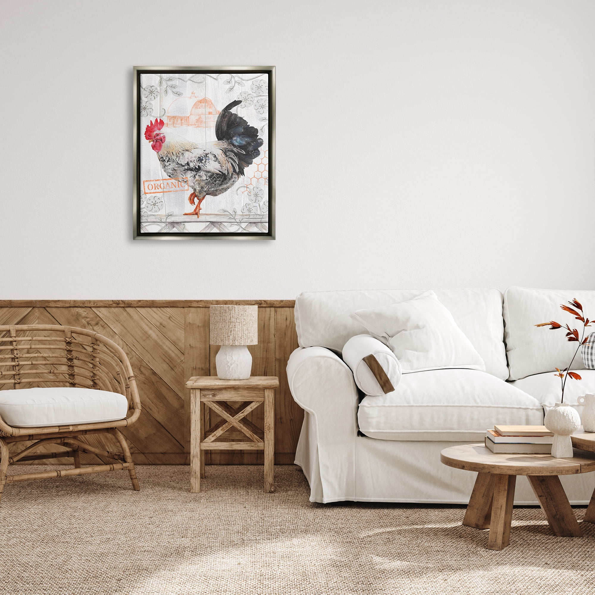 Stupell Industries Organic Pattern Rooster Animals & Insects Painting Gray Floater Framed Canvas Art Print Wall Art, 25 x 31