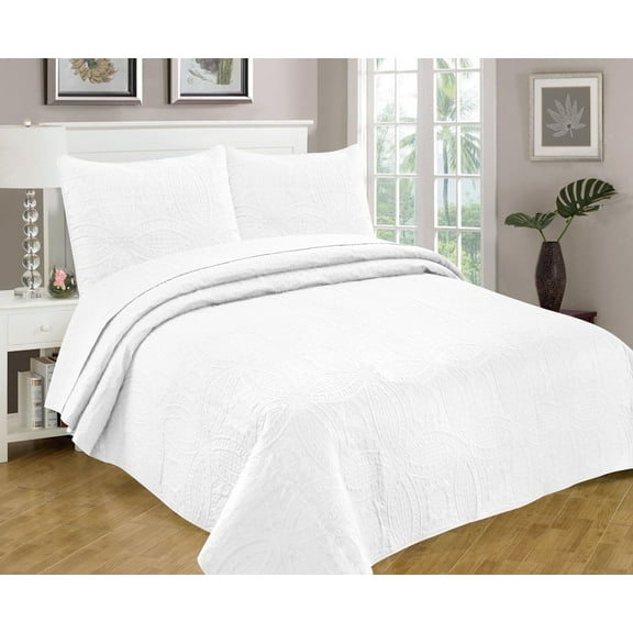 Legacy Decor Bedspread Coverlet 3 Pcs Set Oversized 118 x 106 King Size White Color, All Ages.