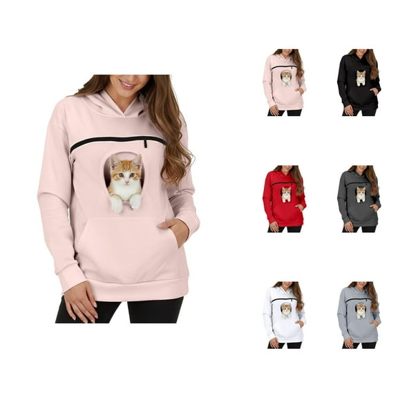 Women's Winter Hoodie with Large Pet Pouch, Kangaroo Pocket Pullover Sweatshirt, Cozy Long Sleeve Hooded Top for Women