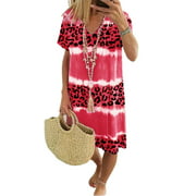 New Women's Tie Dye Leopard Print Large Swing Type Dress Loose Beach Party Dresses Sexy V Neck Pullover Stitching Midi Dresses