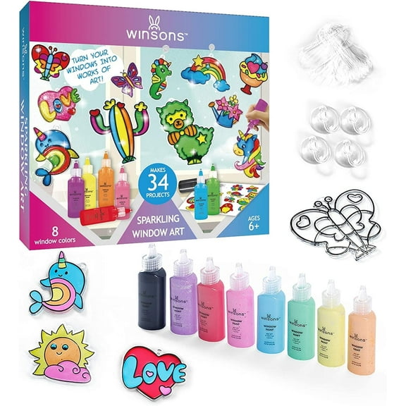 WINSONS All-in-One Window Art Paint Set - 8 Colors, 20 Sparkling Crafts Kit for Kids & DIY Projects