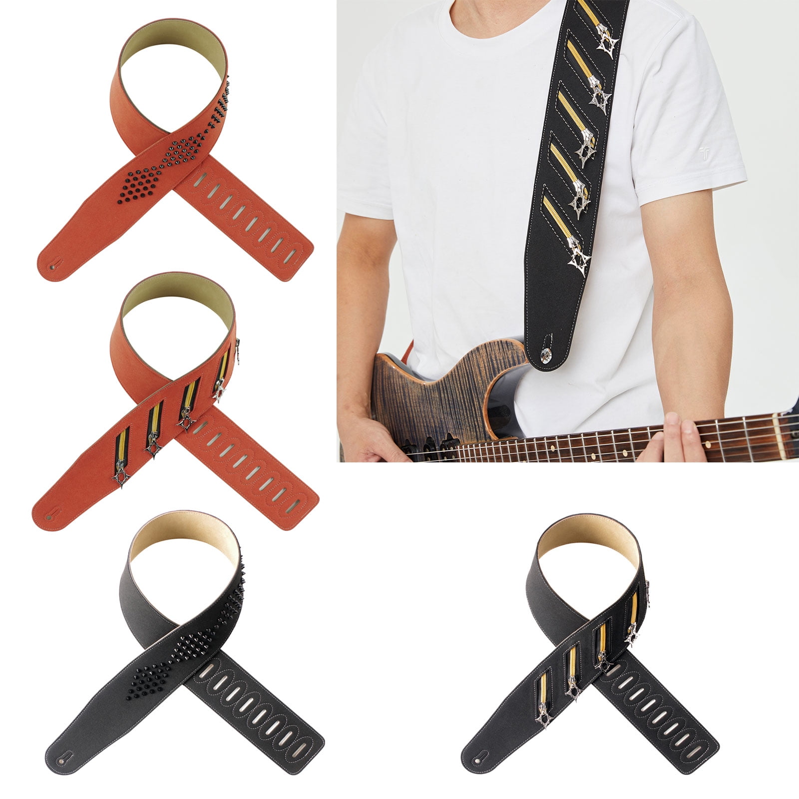 Punk Guitar Strap Microfiber Featuring Metal Studs Decorations Wide Shoulder Design Adjustable Length for Comfortable Use