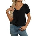 thumbnail image 4 of MIXUE Boho Tops For Women Summer Solid Color V Neck Short Sleeve Loose Casual T-shirts Activewear,Black,L, 4 of 8