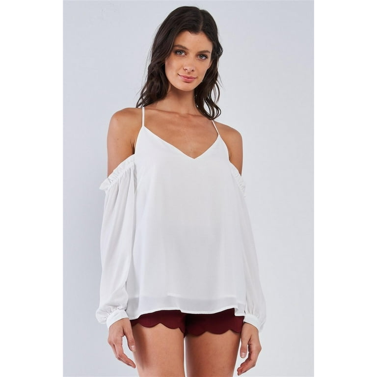 White ruffle hem off shoulder long sleeve top hot sale