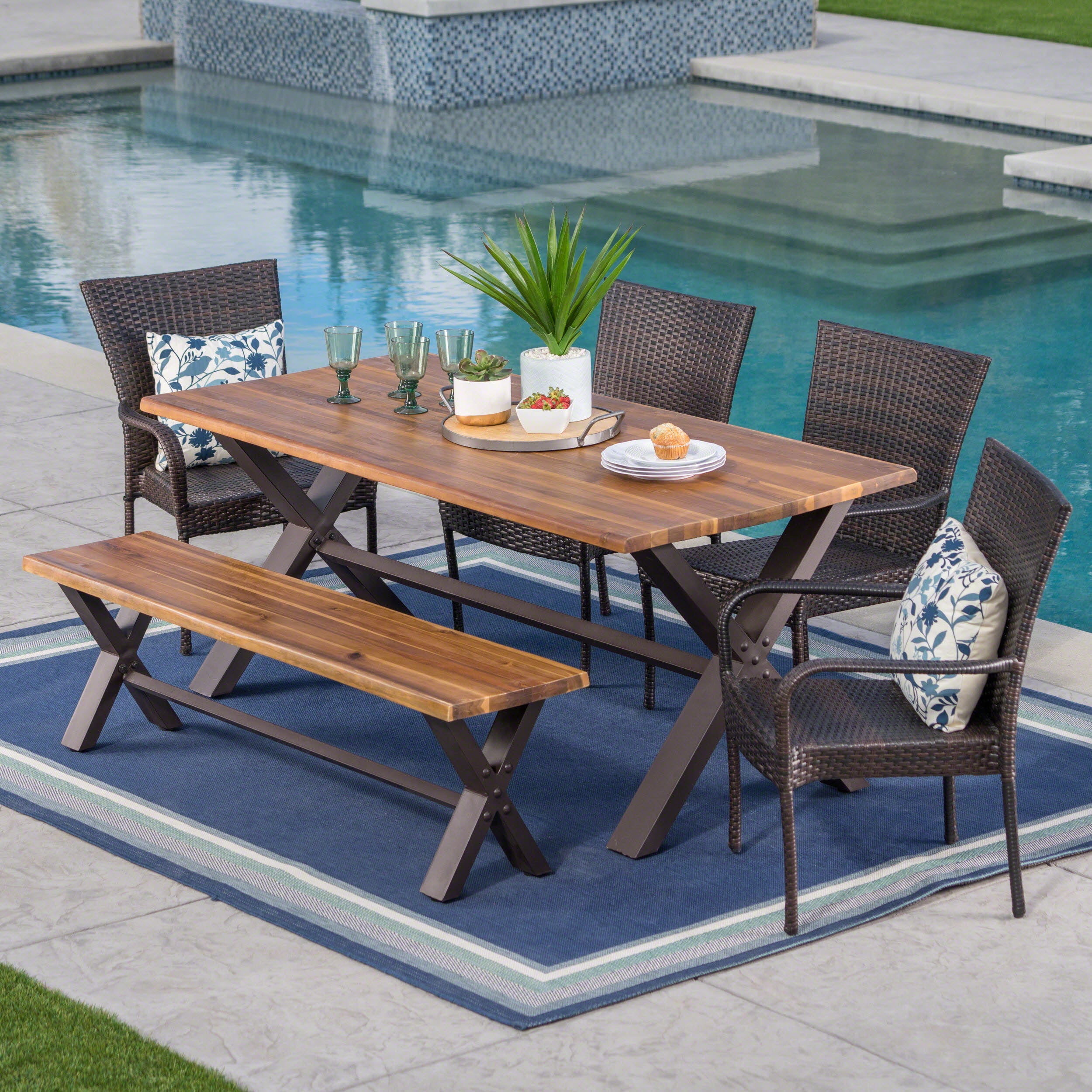 Fernanda Outdoor 6 Piece Acacia Wood Dining Set with Wicker Stacking ...