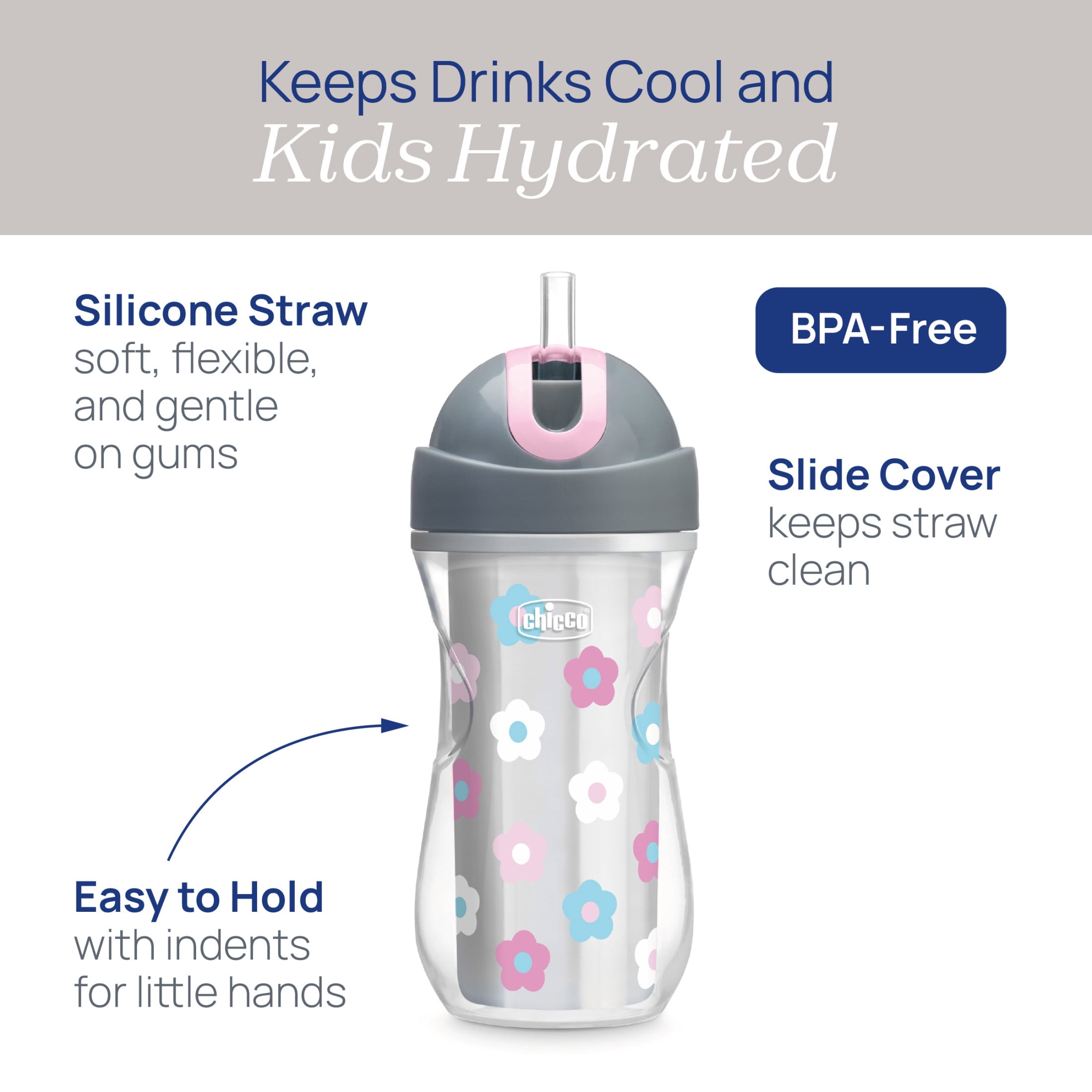 Chicco 9oz. Flip-Top Straw Trainer with Soft Silicone Straw and Double-Wall Insulation, 12m+, 2-Pack - Floral/Purple