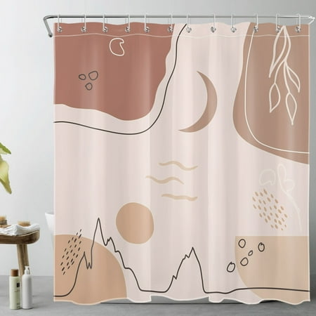 HVEST Mid Century Boho Shower Curtain for Bathroom Abstract Geometric Pattern and Moon Sun on Pink Bathroom Shower Curtains with Hooks, Modern Minimalist Bathroom Curtains Shower Set 69x70 inch