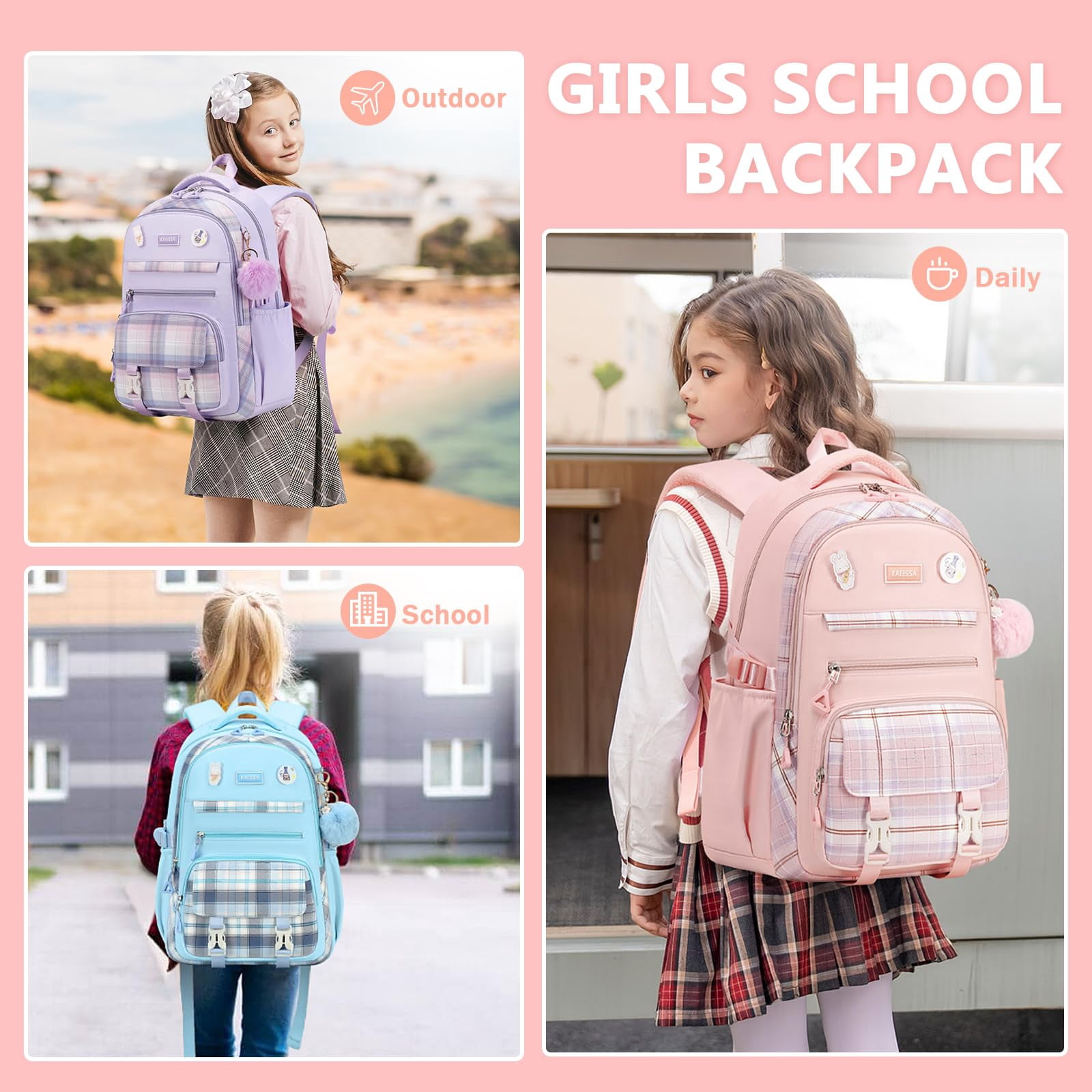 Soda Candy Girls Backpacks for School Kawaii Large Bookbag with Multiple Compartments Lightweight Casual Daypack for Teen Girls Primary Elementary Middle School College, Age 6-14, Pink