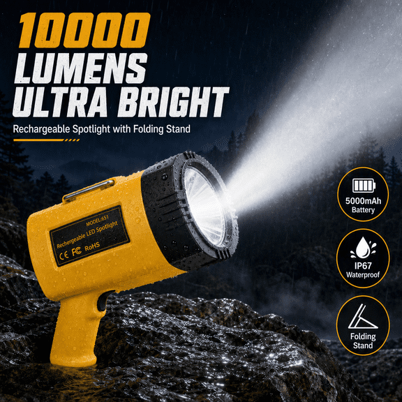 YTAKY Flashlight 10000 Lumens, Spotlight Rechargeable, 5000mAh Battery, IP67 Waterproof for Outdoor Camping, with Foldable Stand
