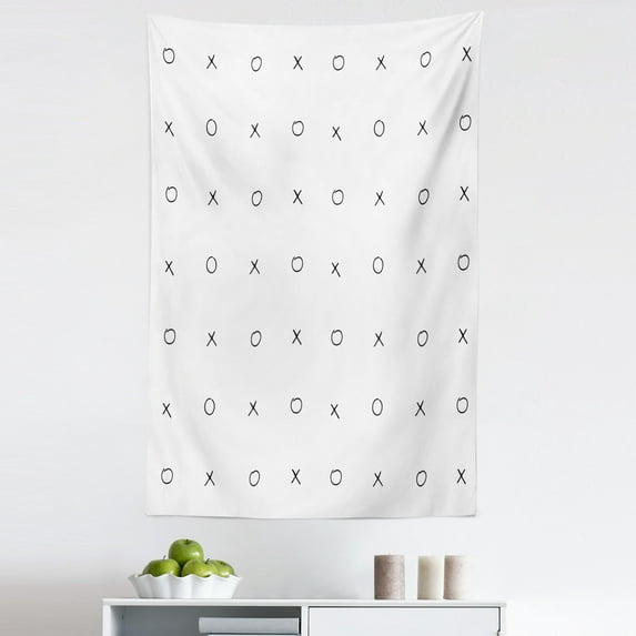 Xo Tapestry, Hand Drawn Geometrical Pattern Classic Game Tic Tac Toe in Black and White Colors, Fabric Wall Hanging Decor for Bedroom Living Room Dorm, 5 Sizes, Black and White, by Ambesonne